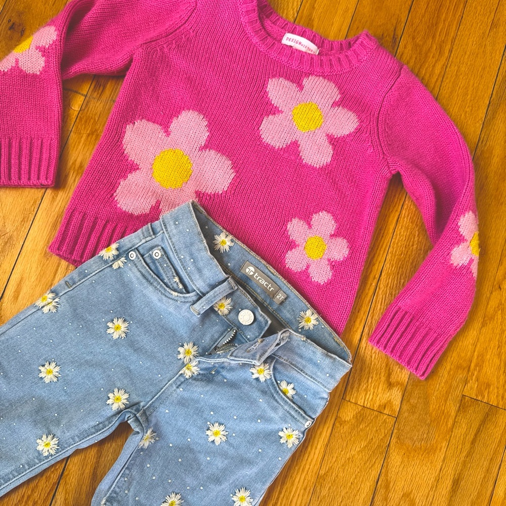 Toddler Girl’s Embroidered Jeans and Sweater Set - Spring Flowers